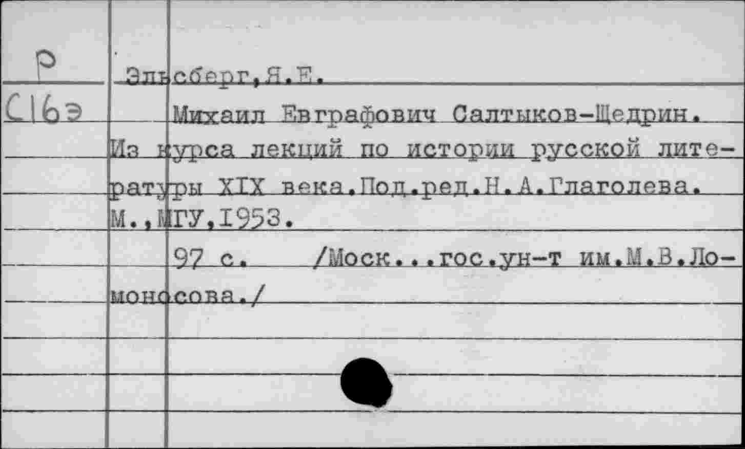 ﻿р		с<Тергг Я.Е.
С1Ьэ		Михаил Г.вграфович Салтыков-Щедрин.
	Ил т	урса лекций по истории русской лите-
	ратл	ры XIX века. По,д.ред. И. А. Глаголева.
	М.,6	ГУ,1953.
		97 с.	/Моск...гос.ун-т им.М.В.Ло-
	МОНС	сова./
		
		
		
		